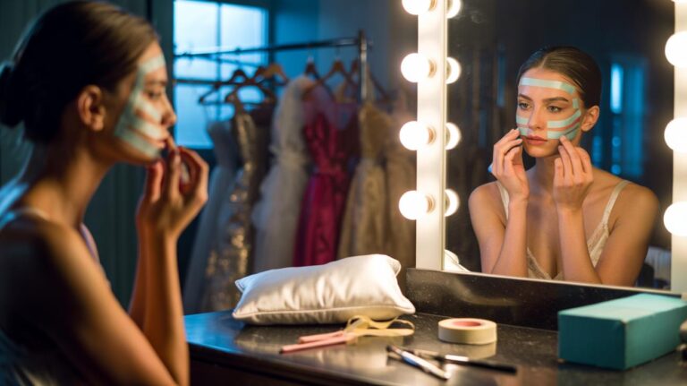 Illustration of a runway model taping her face at night as a zero-cost facelift trick