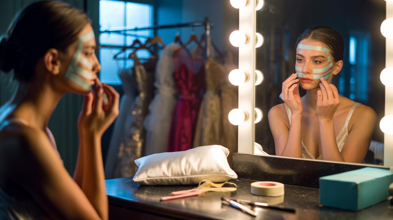 Illustration of a runway model taping her face at night as a zero-cost facelift trick