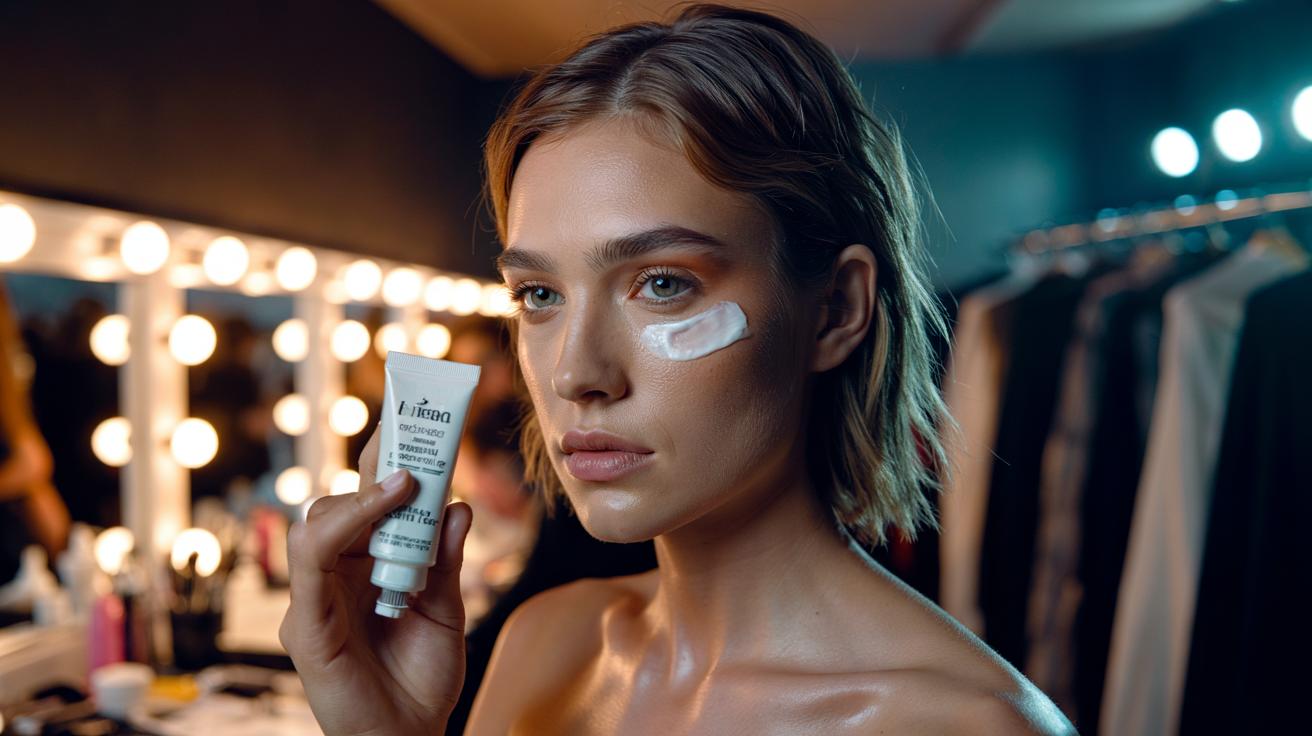 Illustration of a top model applying haemorrhoid cream under the eyes to reduce puffiness